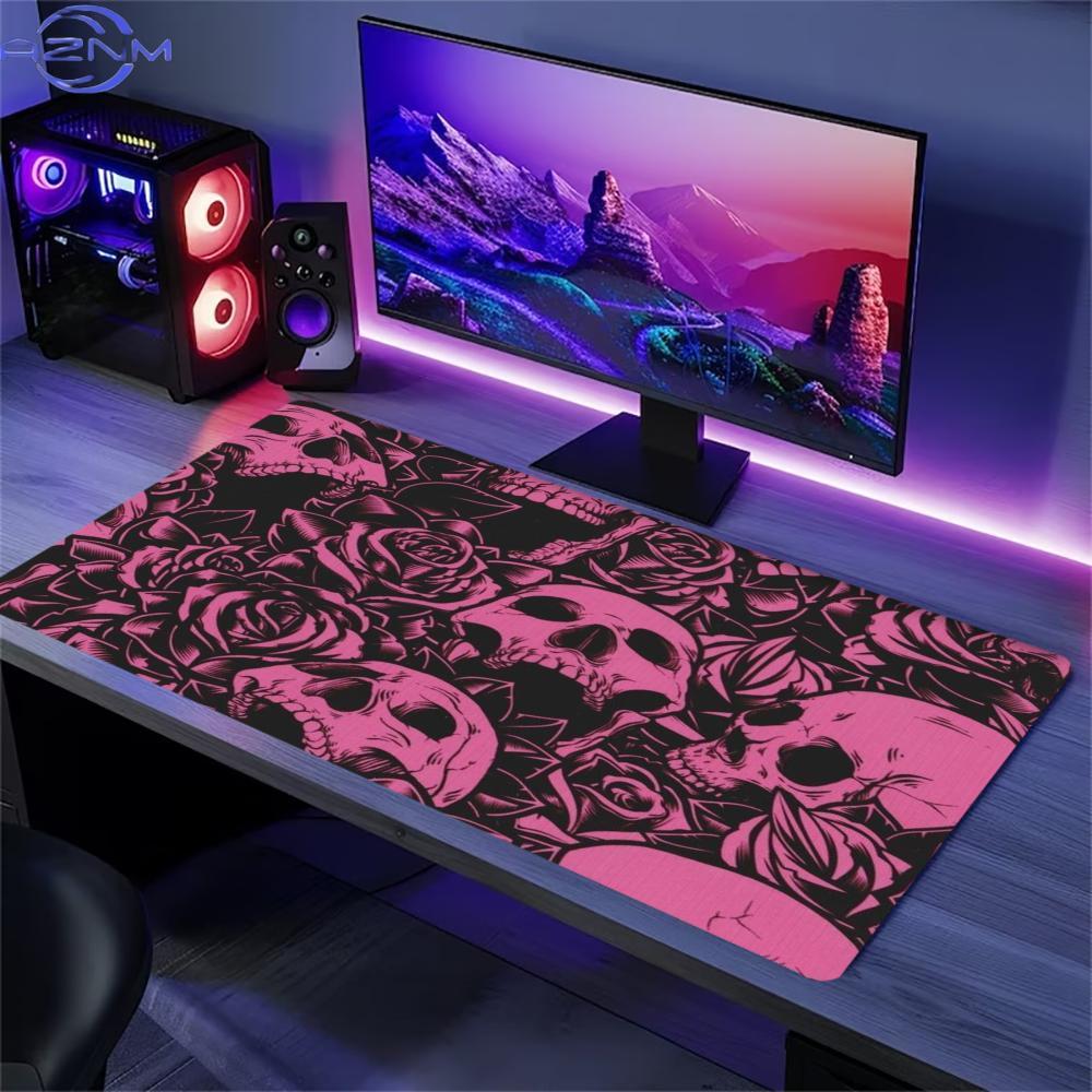 Desk Setup Pink - Pink Rose Skull Extended Desk Mat
